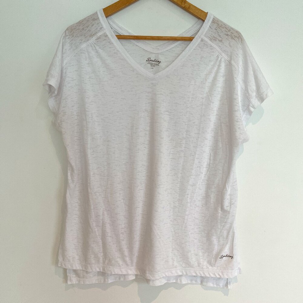 Spalding Women White Short Sleeve V Neck Pullover T Shirt Size L